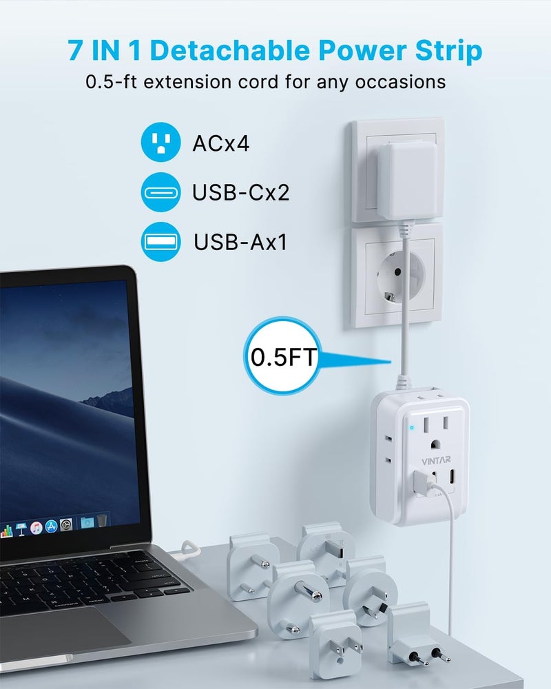 VINTAR طقم محول السفر العالمي، كابل تمديد قابل للفصل بطول 0.5 قدم مع 4 مآخذ AC و 3 USB (2 USB C)، محول طاقة دولي من نوع A/C/G/D/I/M للولايات المتحدة إلى أوروبا المملكة المتحدة الهند جنوب أفريقيا اليابان - Image 4